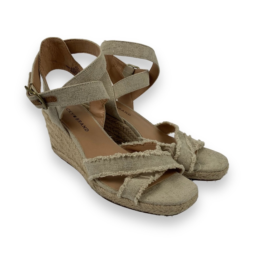 Lucky Brand Beige Platform Buckle Strap Myghan Round Toe Wedge Espadrille